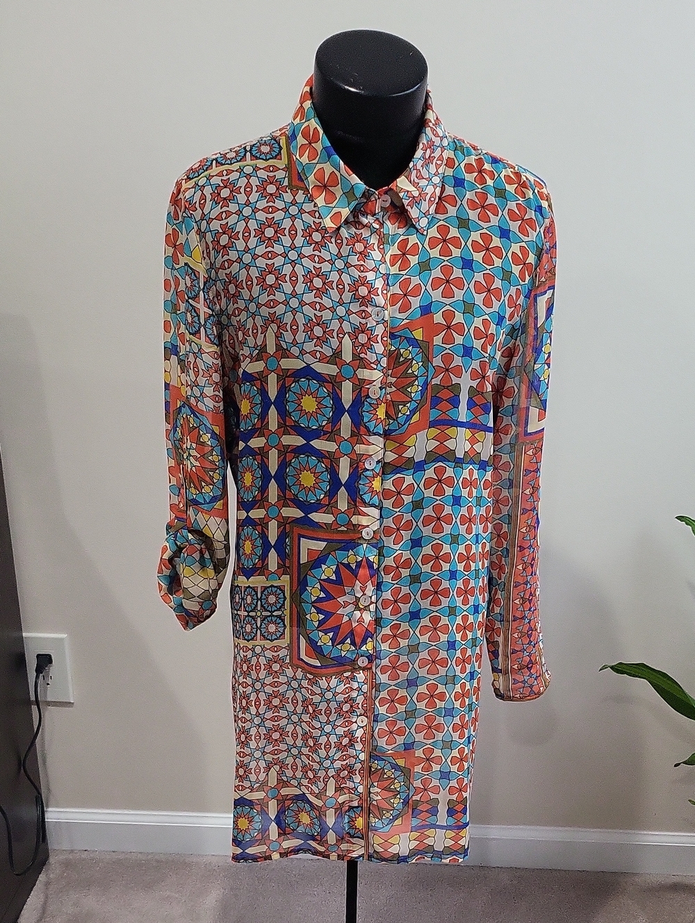 Multiples Mosaic Tile Print Button-Front Tunic in Teal, Orange, Blue